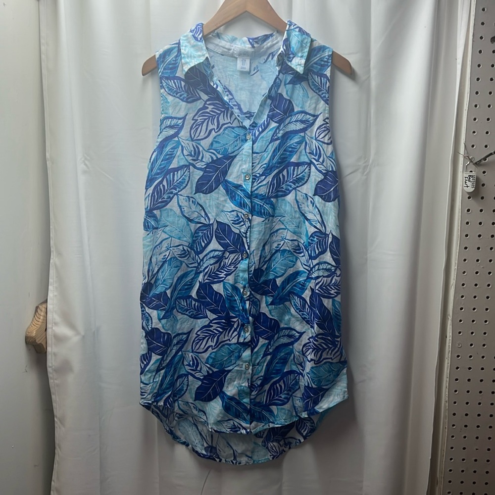 Sigrid Olsen Blue Leaf Tropical‎ Print Linen Button Down Dress- S